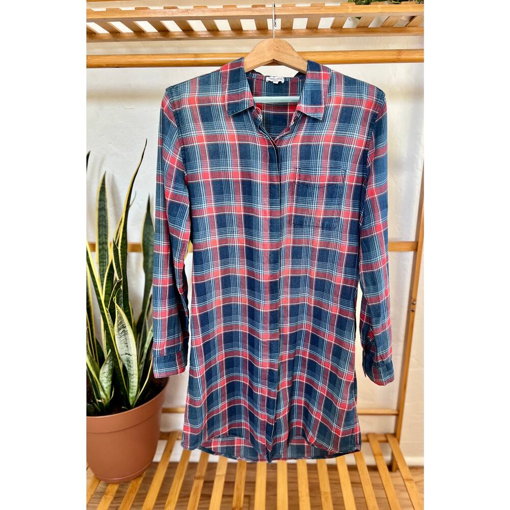 Splendid Long Blue and Red Longline Lightweight Plaid Top/Dress